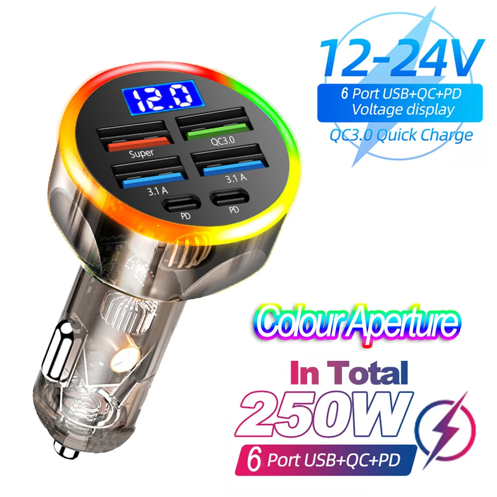 66-250W PD Car Charger QC3.0 Fast Charge One to Six Car Cigarette Lighter Plug Car Charger