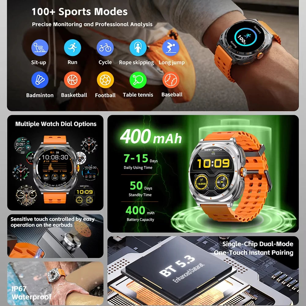 2025 New Upgraded For Xiaomi TWS 2 in 1 Men SmartWatch with Headphones Bluetooth Call IP68 Waterproof Outdoor Sport Smartwatch