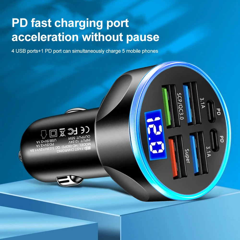 66-250W PD Car Charger QC3.0 Fast Charge One to Six Car Cigarette Lighter Plug Car Charger