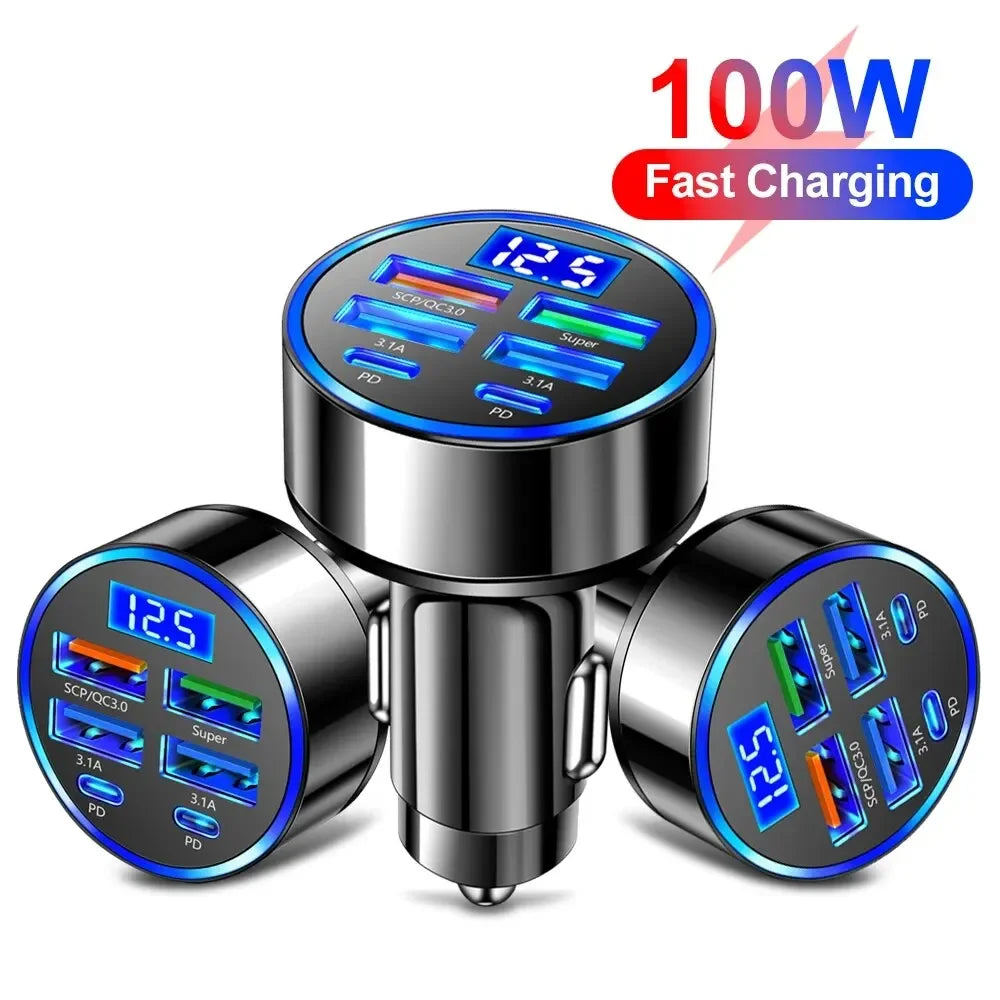 66-250W PD Car Charger QC3.0 Fast Charge One to Six Car Cigarette Lighter Plug Car Charger