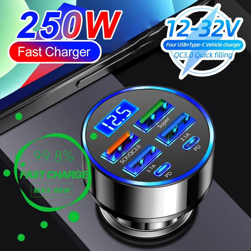 66-250W PD Car Charger QC3.0 Fast Charge One to Six Car Cigarette Lighter Plug Car Charger