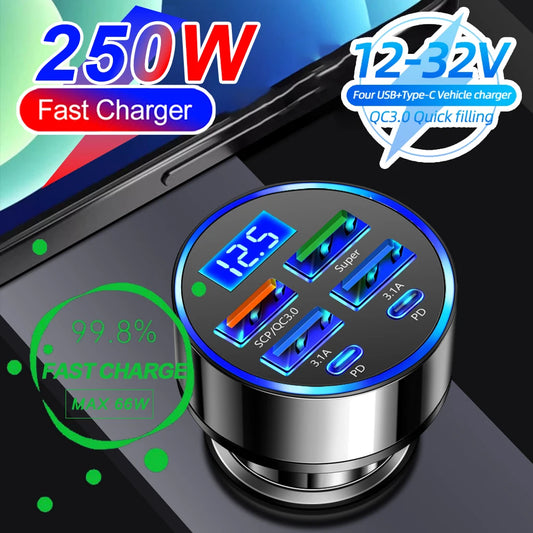 66-250W PD Car Charger QC3.0 Fast Charge One to Six Car Cigarette Lighter Plug Car Charger