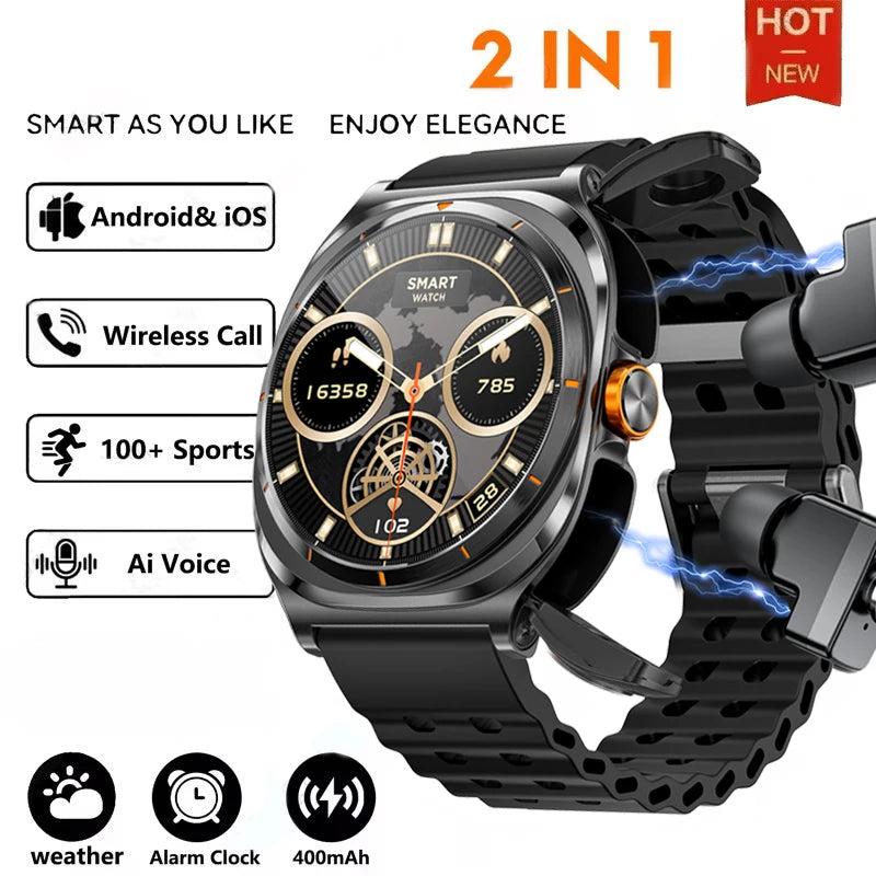 2025 New Upgraded For Xiaomi TWS 2 in 1 Men SmartWatch with Headphones Bluetooth Call IP68 Waterproof Outdoor Sport Smartwatch