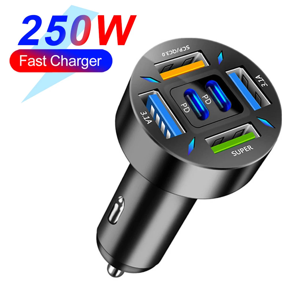 66-250W PD Car Charger QC3.0 Fast Charge One to Six Car Cigarette Lighter Plug Car Charger