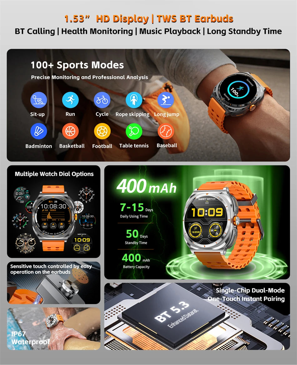 2025 New Upgraded For Xiaomi TWS 2 in 1 Men SmartWatch with Headphones Bluetooth Call IP68 Waterproof Outdoor Sport Smartwatch
