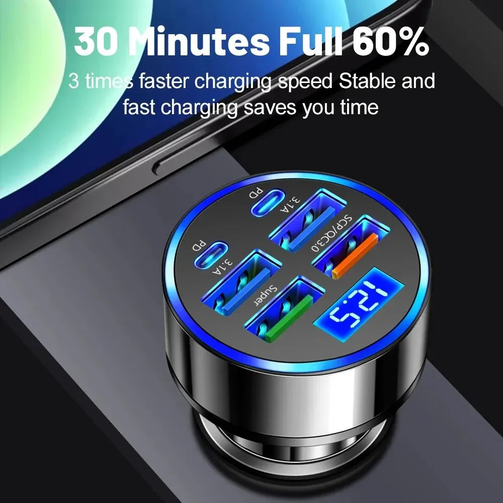 66-250W PD Car Charger QC3.0 Fast Charge One to Six Car Cigarette Lighter Plug Car Charger
