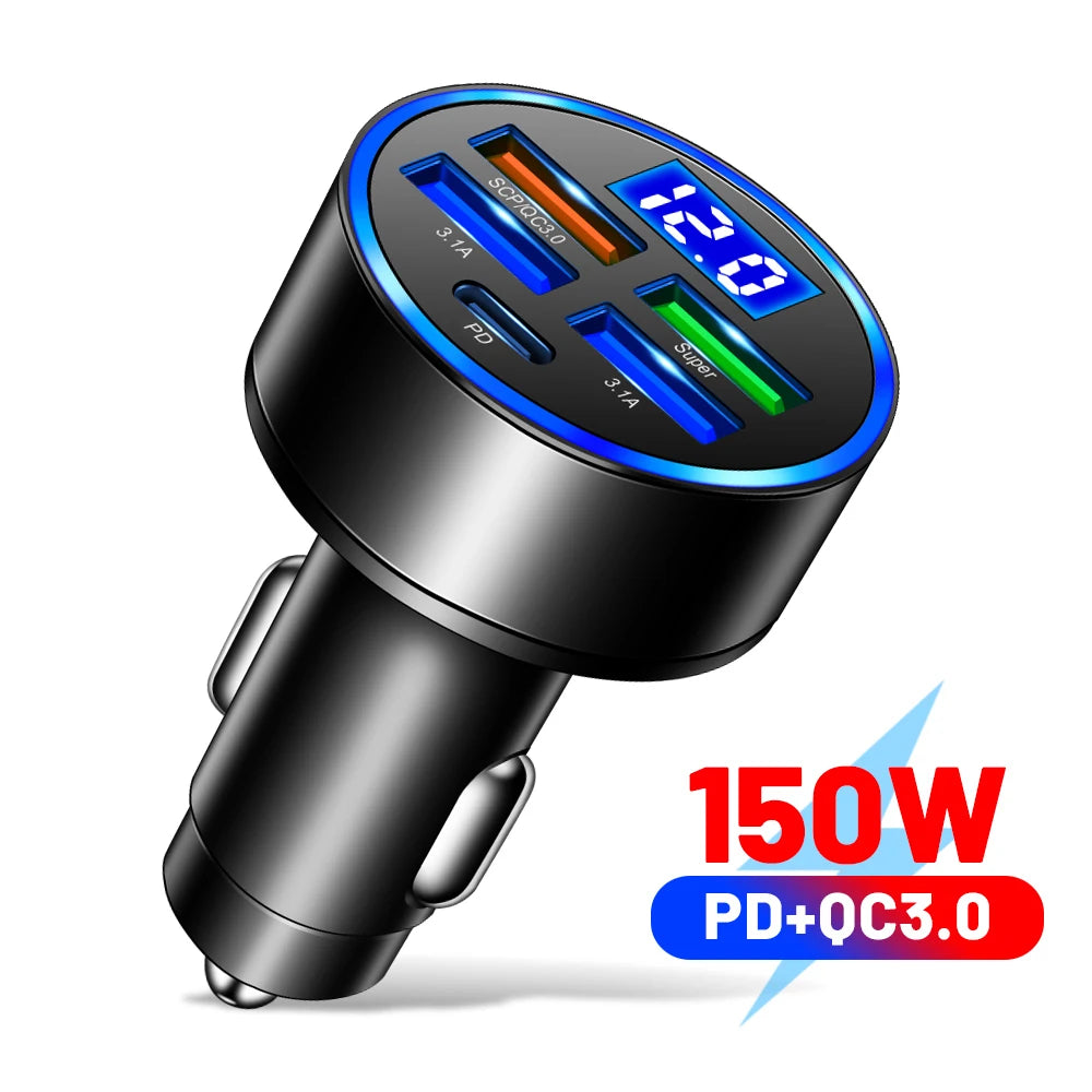 66-250W PD Car Charger QC3.0 Fast Charge One to Six Car Cigarette Lighter Plug Car Charger